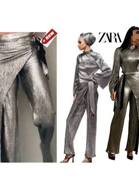 Zara metallic silver liquid foil High waisted wrap slit pants Sz XS NWT bloggers